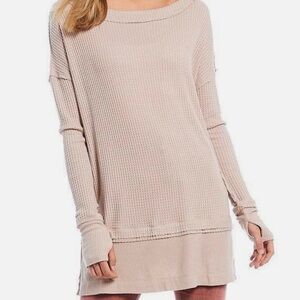 Free People North Shore Thermal Tunic Top Beige Oversized Thumb Holes Small